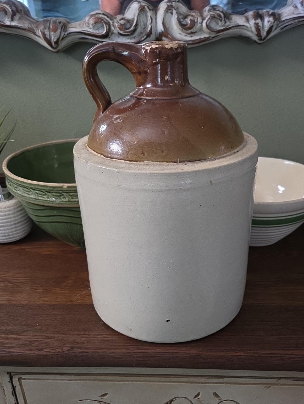 Vintage 2- Tone Glazed Stoneware Gallon Jug Crock